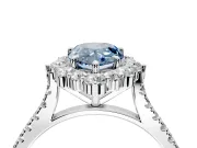 Halo Engagement Ring Setting for Fancy Blue Pear-Shaped Center with Single-Row Pave, Open Basket and Prong Head in Platinum