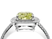 Milgrain Halo Engagement Ring Setting for Fancy Yellow Cushion Cut Center with Three-Sided Pave Band and Prong Head in Platinum