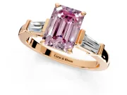3 Stone Engagement Ring Setting for Fancy Pink Emerald Cut Center with Channel Baguette Accents and Prong Head in Rose Gold