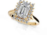 Starburst Halo Engagement Ring Setting for Emerald Cut Center with Thin Round-Wire Band and Prong Head in Yellow Gold