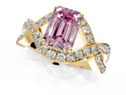 Halo Engagement Ring Setting for Fancy Pink Emerald Cut Center with Pave Infinity Twist Band and Prong Head in Yellow Gold