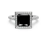 Halo Engagement Ring Setting for Fancy Black Princess Cut Center with Pave Accents, Heart Basket and Prong Head in White Gold