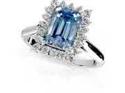 Starburst Halo Engagement Ring Setting for Fancy Blue Emerald Cut Center with Thin Round-Wire Band and Prong Head in Sterling Silver