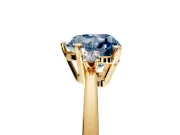 3 Stone Engagement Ring Setting for Fancy Blue Heart-Shaped Center with Low-Set Round Cut Accents and Prong Head in Yellow Gold