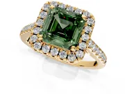 Halo Engagement Ring Setting for Fancy Green Asscher Cut Center with Raised Halo, Pave Band and Prong Head in Yellow Gold