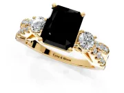 3 Stone Engagement Ring Setting for Fancy Black Radiant Cut Center with Pave Split Shank and Prong Head in Yellow Gold