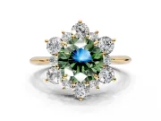 Small-Accent Cluster Halo Engagement Ring Setting for Fancy Green Round Cut Center with Plain Band and Prong Head in Yellow Gold