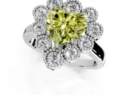 Cluster Halo Engagement Ring Setting for Fancy Yellow Heart-Shaped Center with Milgrain Bezel Accents and Prong Head in Sterling Silver