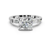 Bar-Set Engagement Ring Setting for Princess Cut Center with Tapered Baguette Accents and Prong Head in Platinum