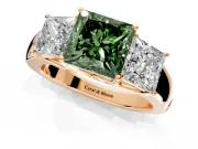 3 Stone Engagement Ring Setting for Fancy Green Princess Cut Center with Raised Basket Heads and Prong Head in Rose Gold