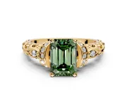 Solitaire Engagement Ring Setting for Fancy Green Emerald Cut Center with Filigree Band and Prong Head in Yellow Gold