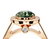 Halo Engagement Ring Setting for Fancy Green Round Cut Center with Outer Bezel Rim, Pave Band and Prong Head in Rose Gold