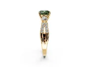 3 Stone Engagement Ring Setting for Fancy Green Cushion Cut Center with Pave Split Shank and Prong Head in Yellow Gold