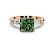 Bar-Set Engagement Ring Setting for Fancy Green Princess Cut Center with Tapered Baguette Accents and Prong Head in Rose Gold