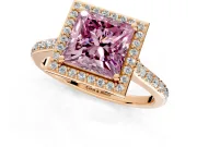 Halo Engagement Ring Setting for Fancy Pink Princess Cut Center with Pave Accents, Heart Basket and Prong Head in Rose Gold