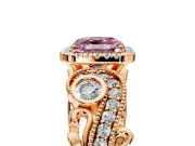 Milgrain Halo Engagement Ring Setting for Fancy Pink Asscher Cut Center with Shoulder Bezels and Prong Head in Rose Gold