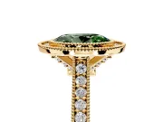 Halo Engagement Ring Setting for Fancy Green Oval Center with Milgrain Pave Band and Bezel Head in Yellow Gold