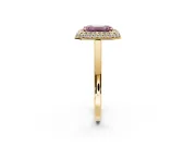 Halo Engagement Ring Setting for Fancy Pink Emerald Cut Center with Plain Tapered Band and Prong Head in Yellow Gold