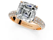 Solitaire Engagement Ring Setting for Asscher Cut Center with Domed Multi-Row Pave Band and Prong Head in Rose Gold