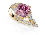 Solitaire Engagement Ring Setting for Fancy Pink Cushion Cut Center with Pave Bypass Twist Band and Prong Head in Yellow Gold