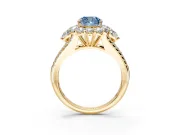 Halo Engagement Ring Setting for Fancy Blue Cushion Cut Center with Two-Strand Split Shank and Prong Head in Yellow Gold