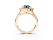 Milgrain Floral Halo Engagement Ring Setting for Fancy Blue Round Cut Center with Pave Band and Prong Head in Rose Gold