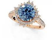 Sunburst Halo Engagement Ring Setting for Fancy Blue Round Cut Center with Pave Band and Prong Head in Rose Gold