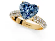 Solitaire Engagement Ring Setting for Fancy Blue Heart-Shaped Center with Domed Multi-Row Pave Band and Prong Head in Yellow Gold
