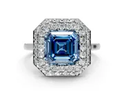 Halo Engagement Ring Setting for Fancy Blue Asscher Cut Center with Plain Tapered Band and Prong Head in Sterling Silver
