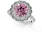 Milgrain Floral Halo Engagement Ring Setting for Fancy Pink Round Cut Center with Pave Band and Prong Head in Platinum