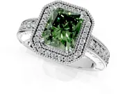 Milgrain Halo Engagement Ring Setting for Fancy Green Radiant Cut Center with Pave Band and Prong Head in White Gold