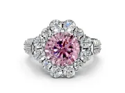 Large Accent Halo Engagement Ring Setting for Fancy Pink Round Cut Center with Pave Split Shank and Prong Head in Platinum