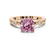 Solitaire Engagement Ring Setting for Fancy Pink Cushion Cut Center with Beaded Bezel Station Band and Prong Head in Rose Gold