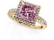 Accent Halo Engagement Ring Setting for Fancy Pink Princess Cut Center with Full-Length Pave Band and Prong Head in Yellow Gold