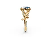 Halo Engagement Ring Setting for Fancy Blue Oval Center with Leaf Motif Split Shank and Prong Head in Yellow Gold