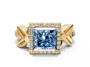 Halo Engagement Ring Setting for Fancy Blue Princess Cut Center with Floral Band and Prong Head in Yellow Gold
