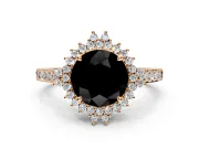 Sunburst Halo Engagement Ring Setting for Fancy Black Round Cut Center with Pave Band and Prong Head in Rose Gold