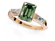 3 Stone Engagement Ring Setting for Fancy Green Emerald Cut Center with Tapered Baguettes, Plain Band and Prong Head in Rose Gold