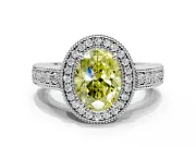 Milgrain Halo Engagement Ring Setting for Fancy Yellow Oval Center with Pave Band and Prong Head in Platinum
