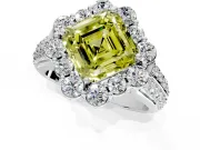 Large Accent Halo Engagement Ring Setting for Fancy Yellow Asscher Cut Center with Pave Split Shank and Prong Head in Platinum
