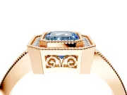 Halo Engagement Ring Setting for Fancy Blue Emerald Cut Center with Milgrain Halo, Pave Band and Prong Head in Rose Gold