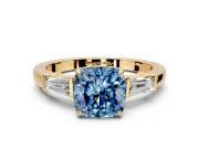 3 Stone Engagement Ring Setting for Fancy Blue Cushion Cut Center with Baguette Accents and Prong Head in Yellow Gold