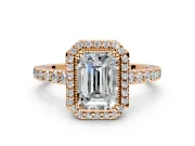 Halo Engagement Ring Setting for Emerald Cut Center with Inner Milgrain Border and Prong Head in Rose Gold