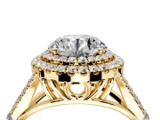 Double Halo Engagement Ring Setting for Round Cut Center with Narrow Pave Split Shank and Prong Head in Yellow Gold
