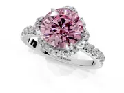 Halo Engagement Ring Setting for Fancy Pink Round Cut Center with Openwork Halo, Pave Band and Prong Head in Platinum