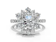 Floral Halo Engagement Ring Setting for Radiant Cut Center with Pave Accents and Prong Head in White Gold