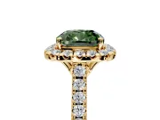 Halo Engagement Ring Setting for Fancy Green Cushion Cut Center with Raised Halo, Pave Band and Prong Head in Yellow Gold