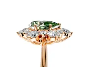 Small-Accent Cluster Halo Engagement Ring Setting for Fancy Green Pear-Shaped Center with Plain Band and Prong Head in Rose Gold