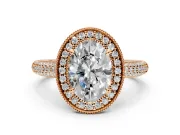 Milgrain Halo Engagement Ring Setting for Oval Center with Three-Sided Pave Band and Prong Head in Rose Gold