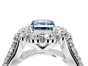 Large Accent Halo Engagement Ring Setting for Fancy Blue Emerald Cut Center with Pave Split Shank and Prong Head in Sterling Silver